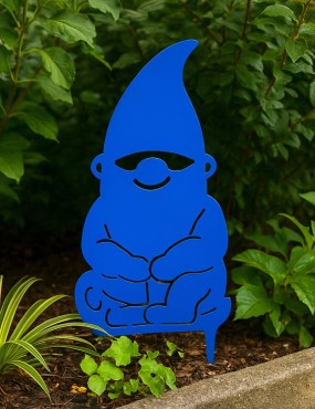 Nain de jardin Bleue en métal assis sur rondin H. 38 cm