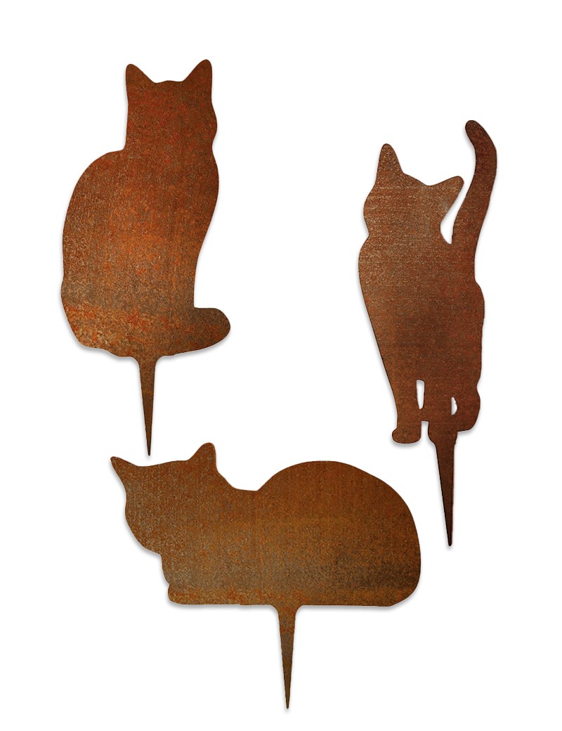 Lot de 3 chats en métal rouillé pour le jardin, Déco Animaux